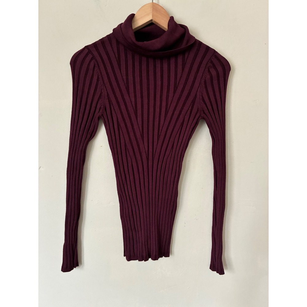 White House Black Market Burgundy Ribbed Turtleneck Sweater Snap Cuff XS